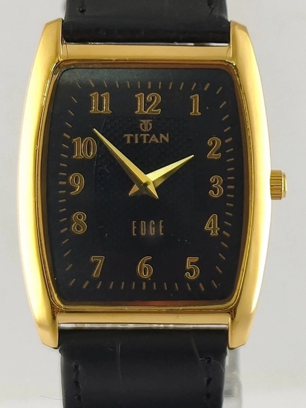 Titan Men's Black Dial Gold-Tone Case Leather Strap Watch